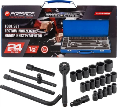 Набор инструментов торцевых Forsage F-4245B-5MPB 1/2" 6-гранный 24 пр. (F-4245B-5MPB) Набор инструментов торцевых Forsage F-4245B-5MPB 1/2" 6-гранный 24 пр. (F-4245B-5MPB)