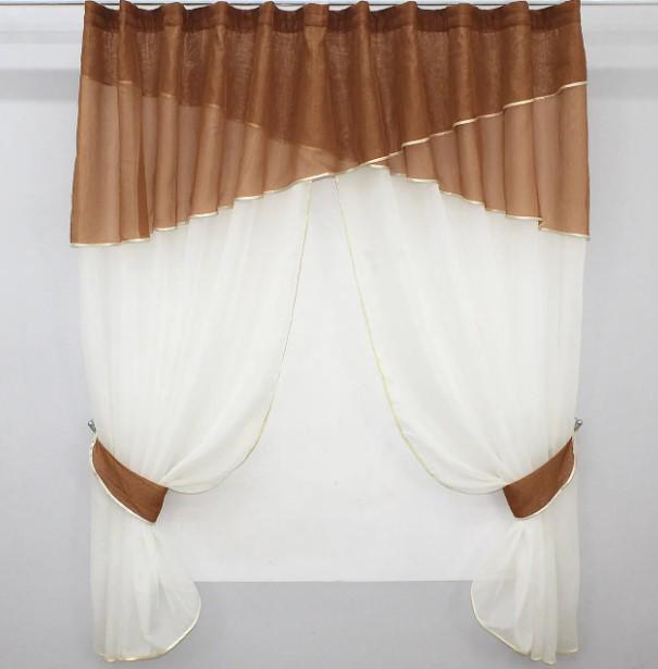 Занавеска на кухню с ламбрекеном 280х170 см Коричневый/Молочный (091к)