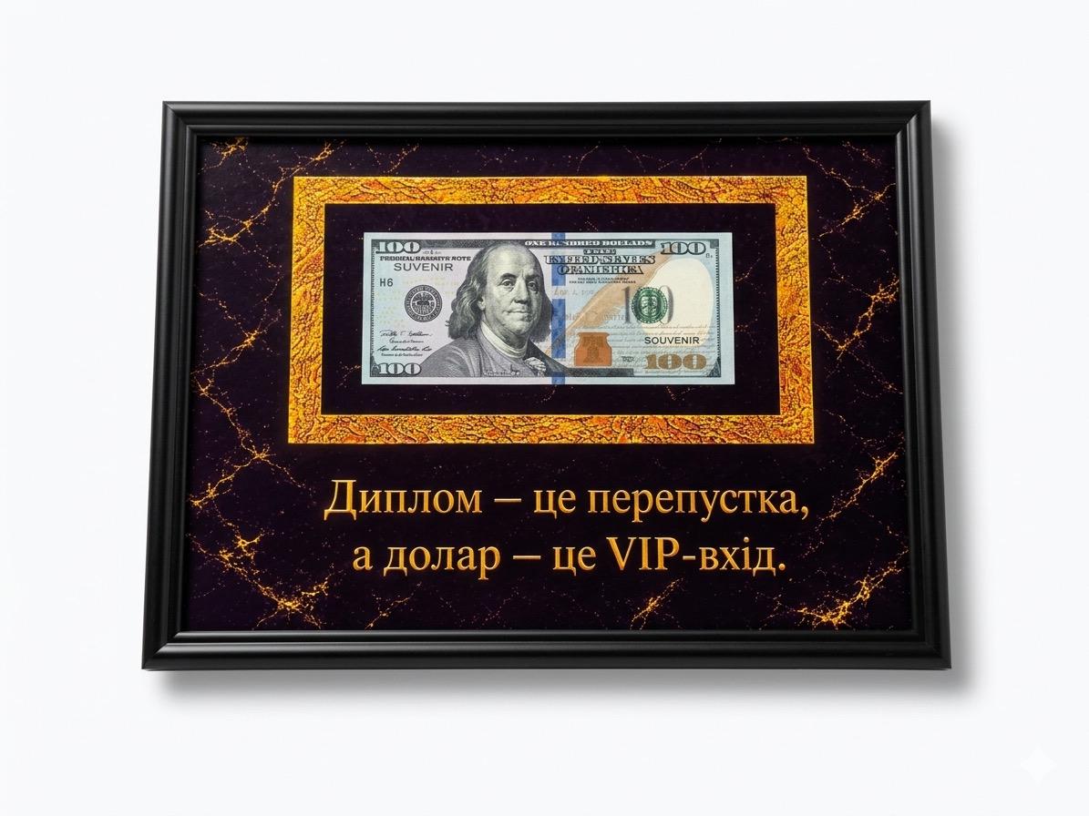 Купюра в рамке Доллар под стеклом "Диплом це перепустка а долар це VIP-вхід" Купюра в рамке Доллар под стеклом "Диплом це перепустка а долар це VIP-вхід"