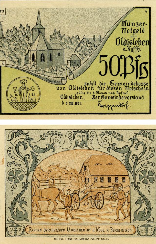 Коллекционная банкнота Германия Нотгельд 50 пфеннигов 1921 F-VF Ольдислебен Разновидность 3 (Б18794)