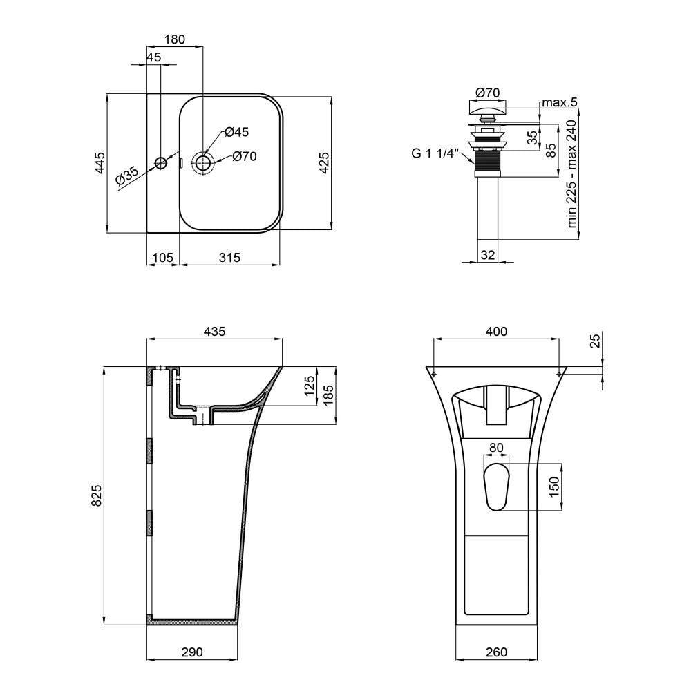 Комплект Qtap Crow раковина напольна моноблок з донним клапаном PU02O 450x435x835 мм White (SD00053445) - фото 2