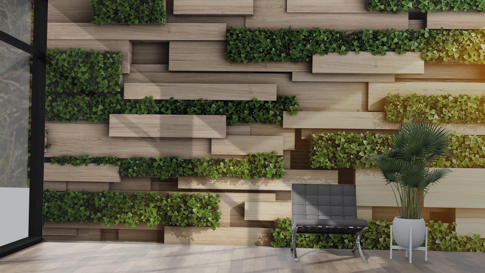 Фотообои флизелиновые Styleo Print-walls 3D Деревянные панели с листьями 0154 350х270 см (Pw-0154/3)