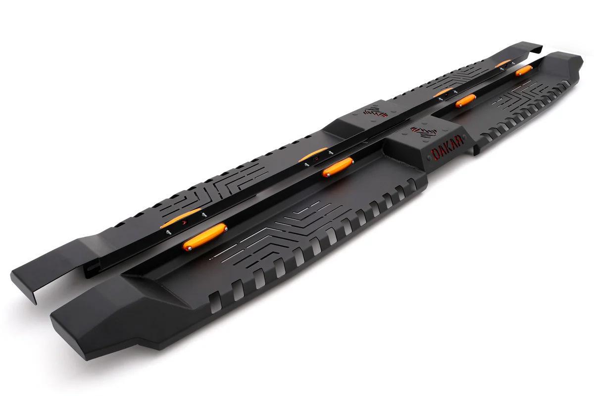 Боковые пороги Dakar V2 с LED Omsa Line для Volkswagen Amarok 2022-гг. металл 2 шт. Черный