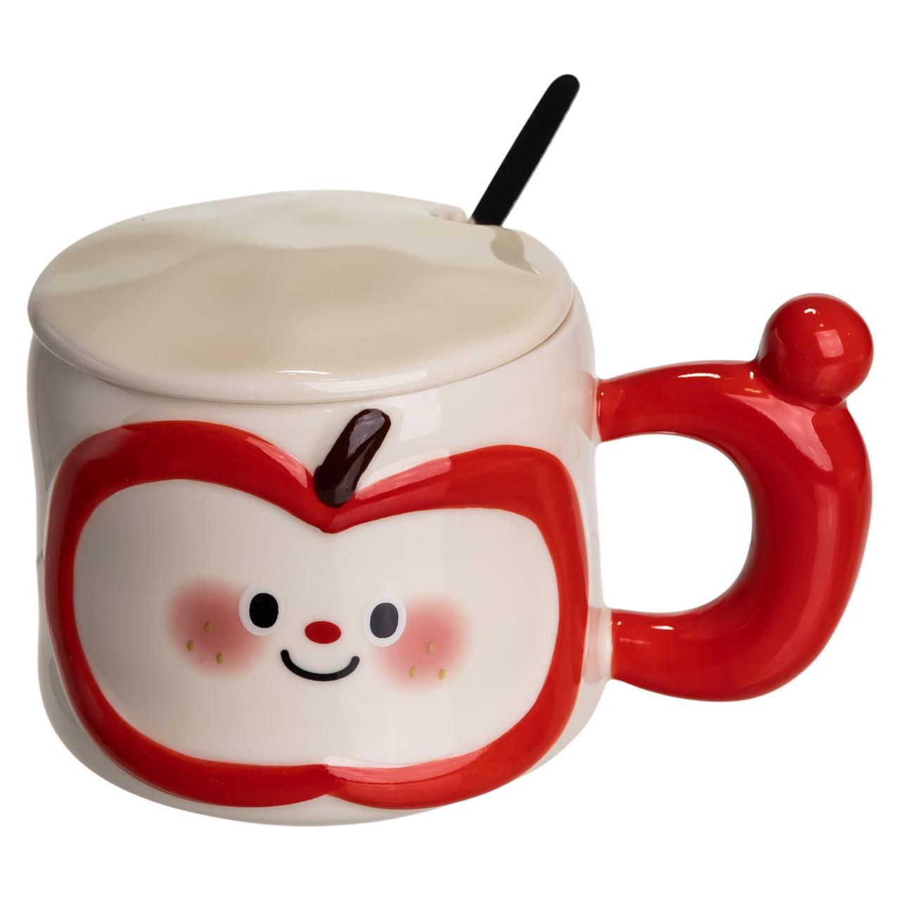 Чашка порцелянова Cute Apple з кришкою та ложкою 400 мл Червоний (FM-25B) - фото 3