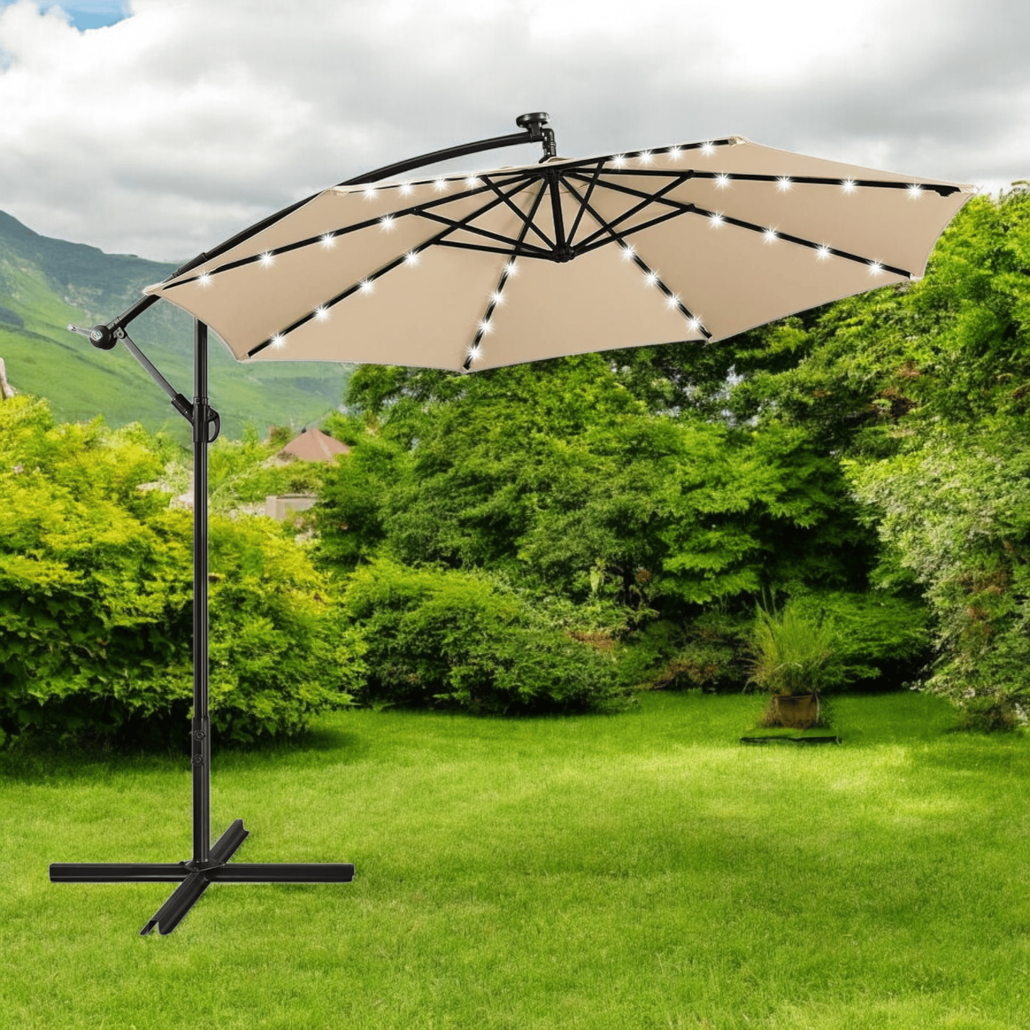Садова парасолька WCG з поліестеру 160G сталевою рамою LED-підсвічування на сонячній панелі з чохлом 3,5 м Бежевий (W-7035BE1)