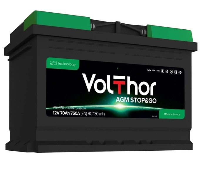 Аккумулятор автомобильный правый VolThor AGM Stop&Go 760А 70Ah/R