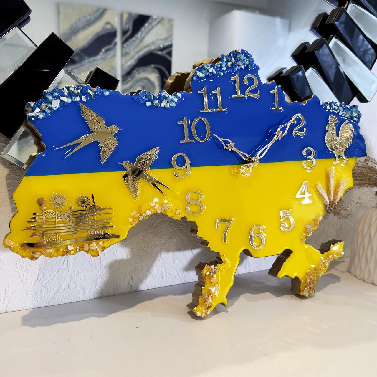 Годинник настінний з епоксидної смоли Карта України 130x83 см