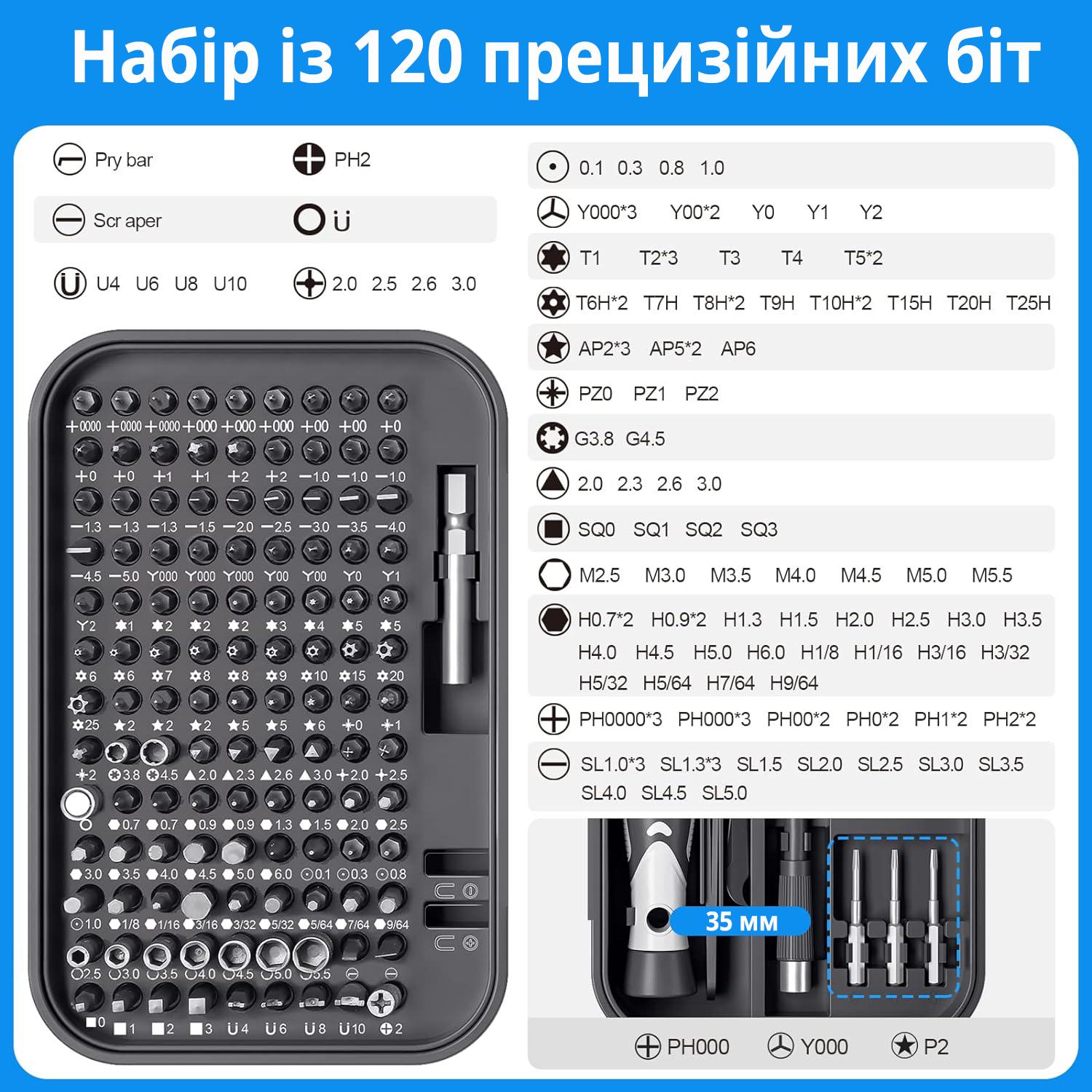 Набір викруток прецизійних магнітних 130в1 у футлярі 120 біт Чорний - фото 5