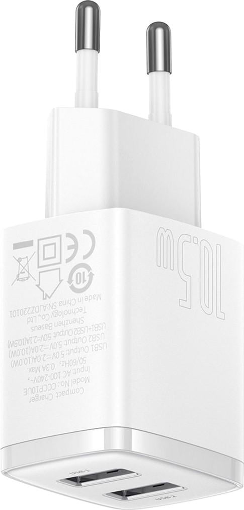 Зарядное устройство для Baseus Compact Charger 2USB 10.5W White (CCXJ010202) - фото 4 Зарядное устройство для Baseus Compact Charger 2USB 10.5W White (CCXJ010202) - фото 4