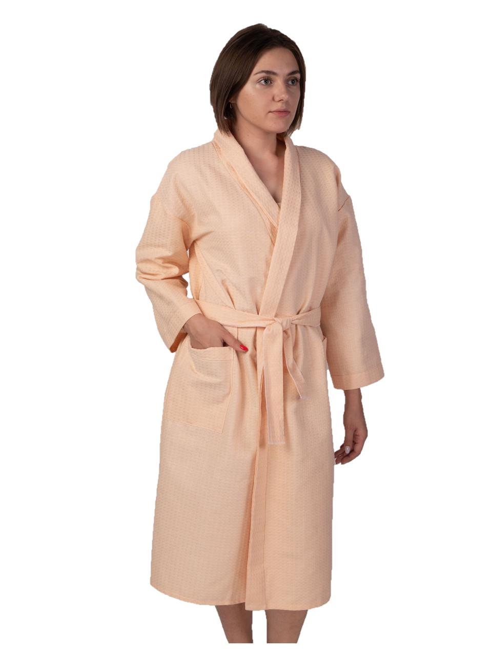 Женский вафельный халат Luxyart Кимоно мелкая клетка 100% хлопок р. 46-48 Бежевый (LS-142)