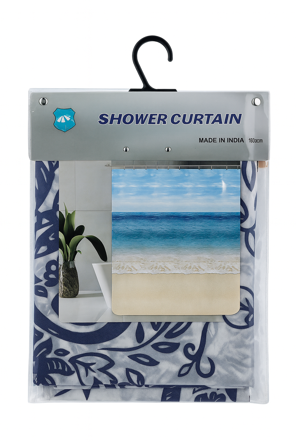 Шторка в ванную с кольцами YM R92253 Листья с цветами 180x180 см Темно-синий (27457346)