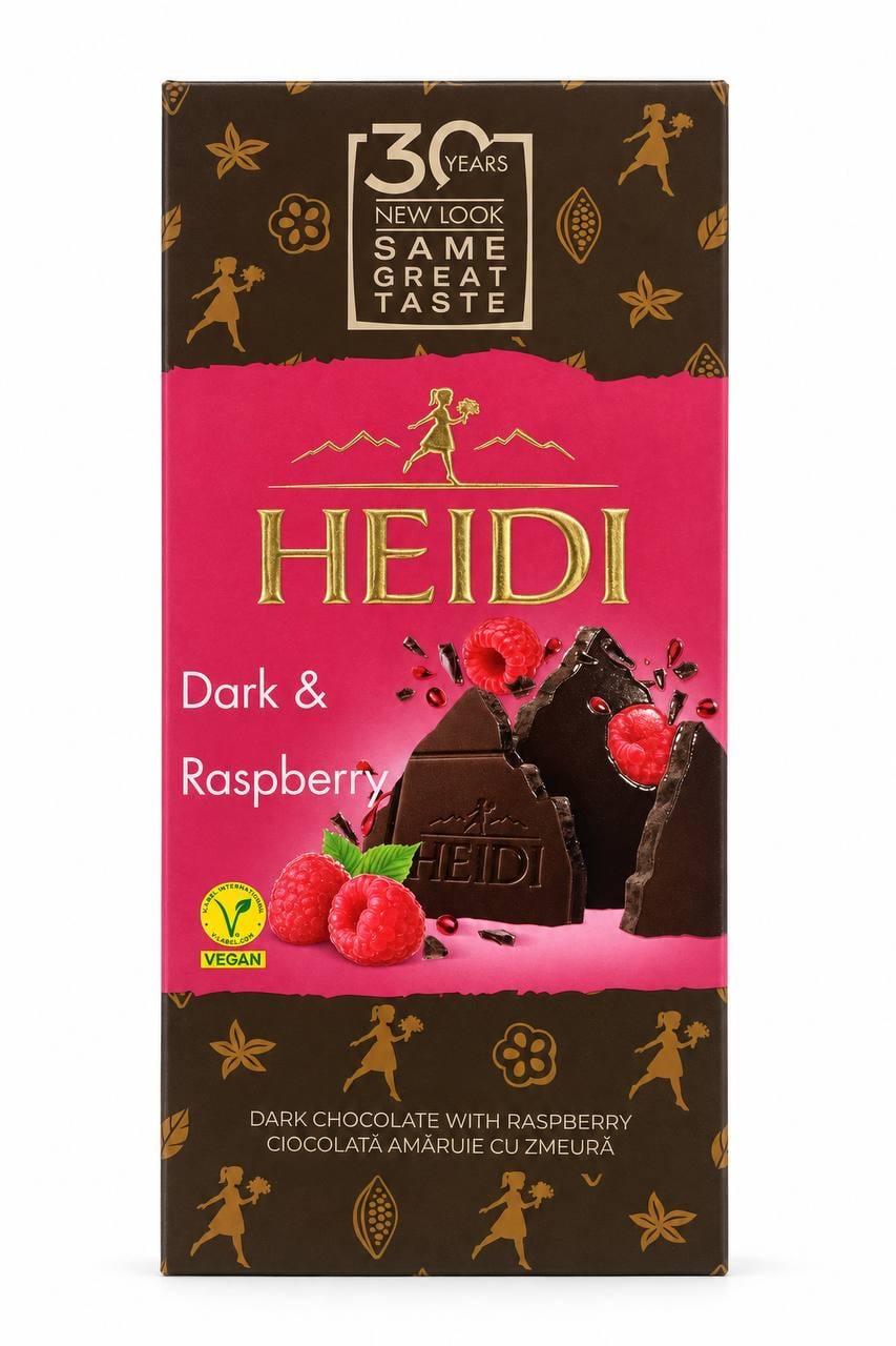 Чорний шоколад Heidi зі шматочками малини Чорний шоколад Heidi зі шматочками малини
