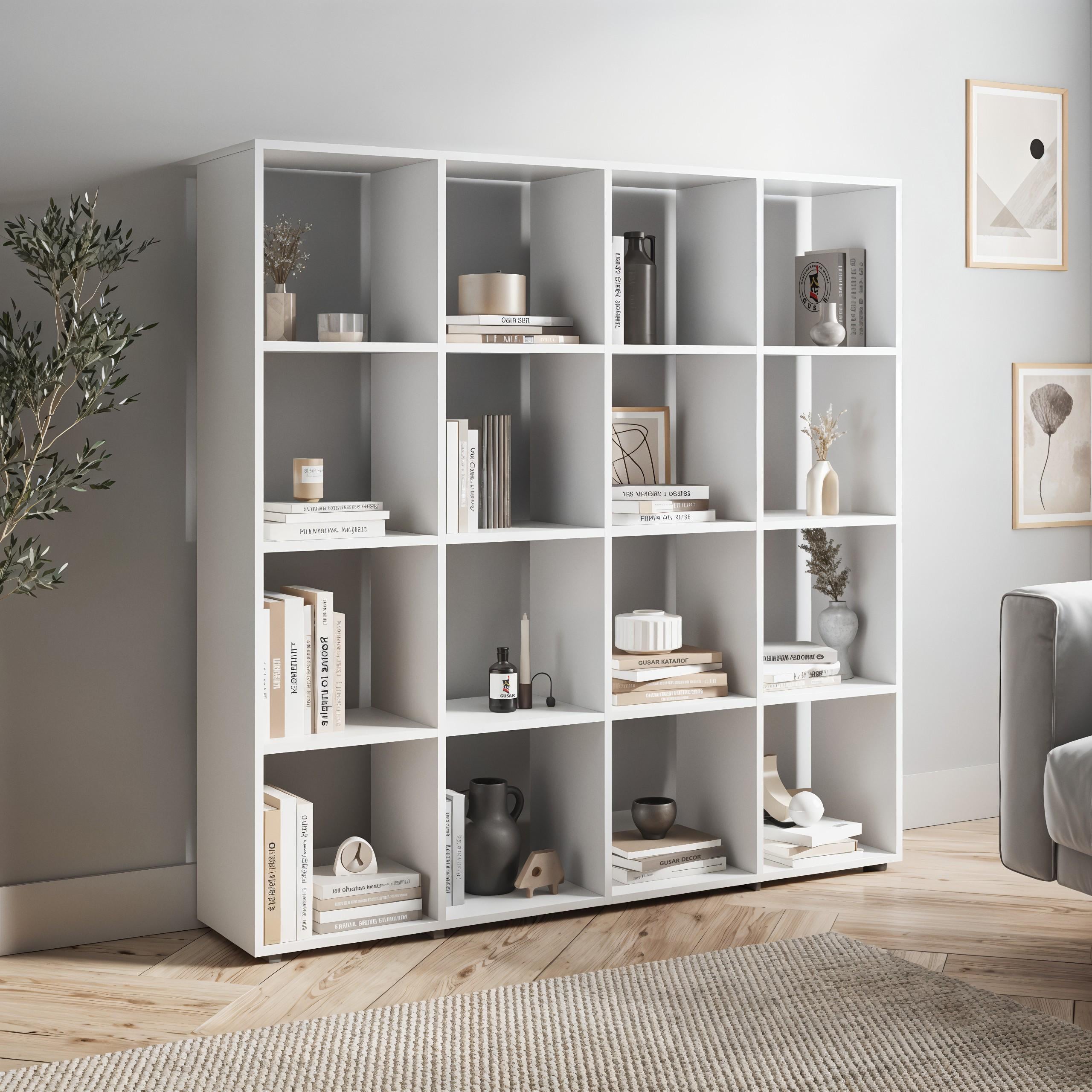 Стеллаж для книг и декора на 16 ячеек P-11 1424х290х1430 мм Белый