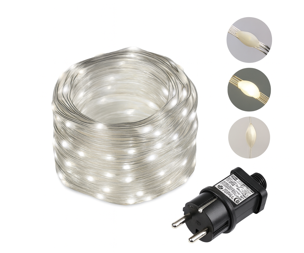 Гірлянда вулична Великі краплі роси 50 м 500 LED з мідним дротом у прозорому ПВХ покритті IP44/живлення від розетки 31V та білим світлом - фото 2