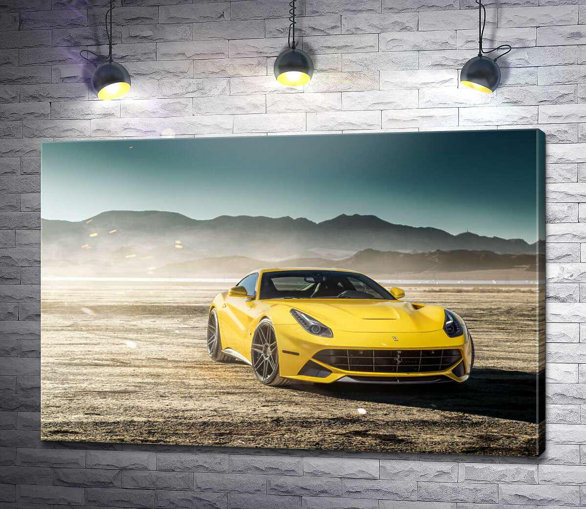 Картина ArtPoster Жовтий автомобіль Ferrari F12 berlinetta в пустелі 100x67 см Модуль №1 (004362)