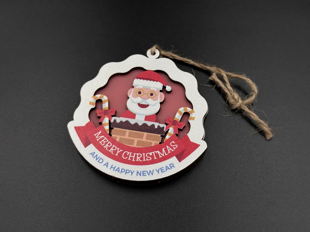 Игрушка елочная новогодняя Санта Клаус Marry Christmas с подсветкой из фанеры 95х90х10 мм Разноцветный (NR-130)