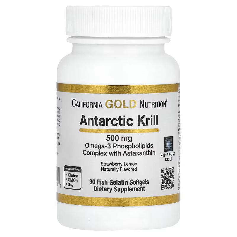 Масло антарктического криля California Gold Nutrition Antarctic Krill Oil with Astaxanthin 500 mg Strawberry &amp; Lemon 30 Softgels (00000026356)