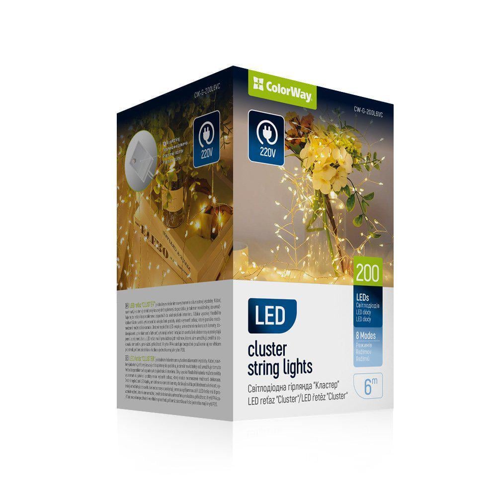 Гирлянда-кластер СolorWay LED200 8 функций медная струна 220V 6 м Теплый белый (CW-G-200L6VC)