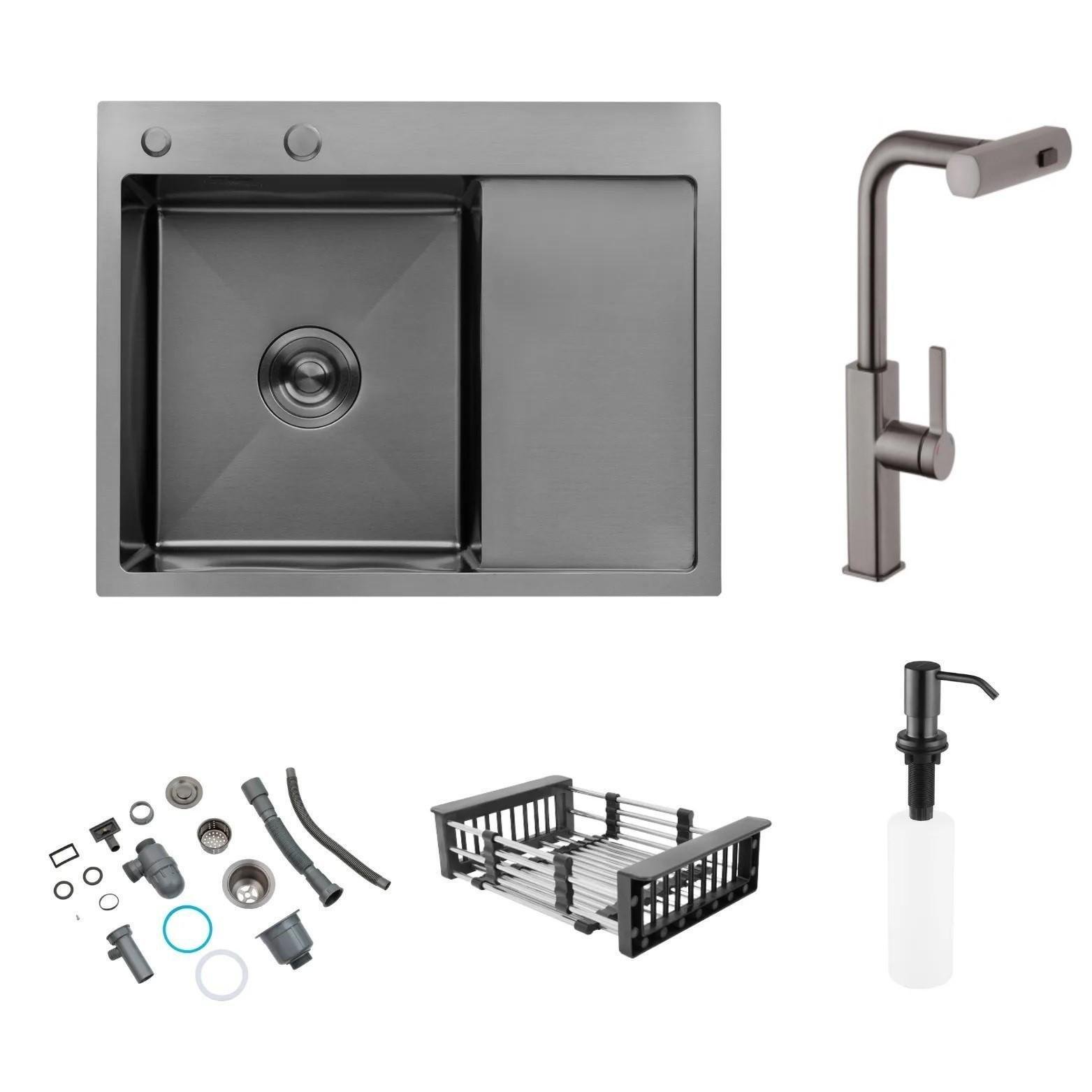 Мийка Kroner Schwarze 6350LHM PVD та змішувач для кухні з висувним виливом Kroner-PVD03918