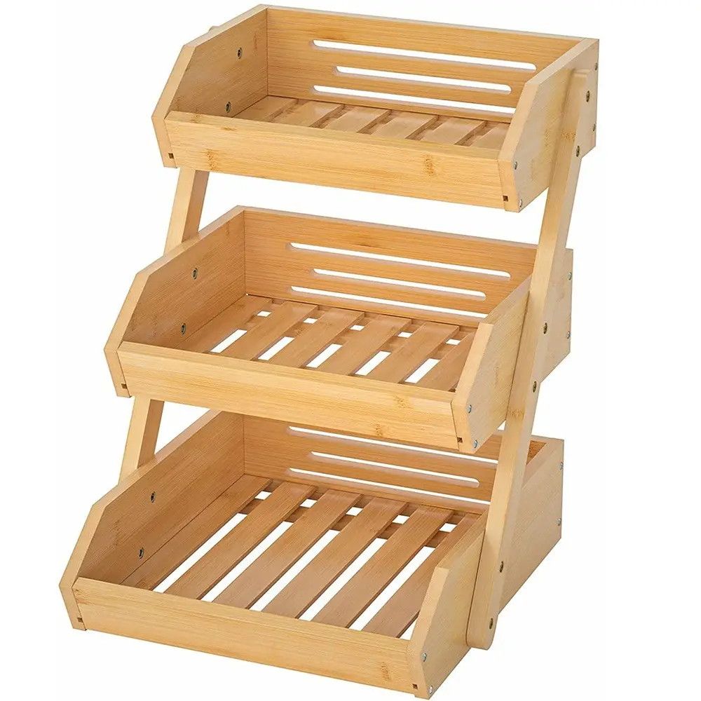 Полка настольная для хранения фруктов и овощей из бамбука для кухни трехъярусная 30х33х41 см