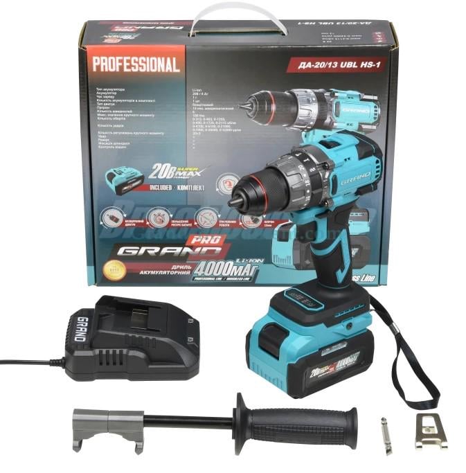 Дрель аккумуляторная ударная бесщеточная Grand ДА-20/13 UBL HS -1 крутящий момент 100 Нм 1 аккумулятор 20В 4 Ач (26738403)