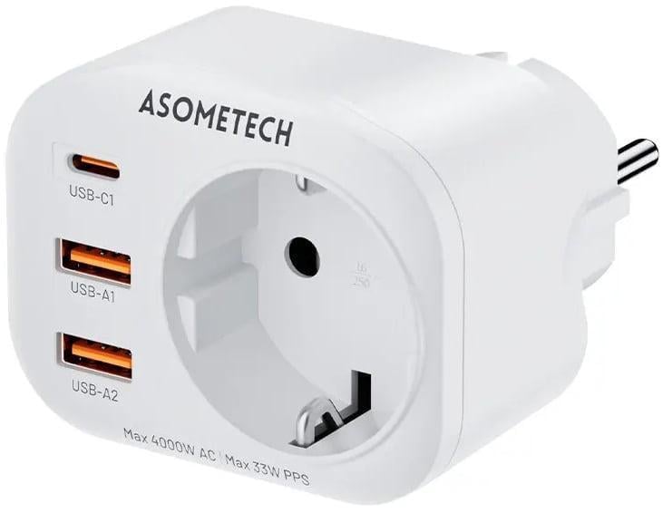 Зарядний пристрій ASOMETECH WP09-F-PD 33W GAN PD3.0/QC4 порти 2USB/Type-C Socket AC 4000W White (43696)