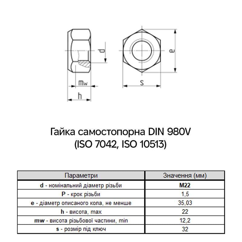 Гайка самостопорная Metalvis М22 DIN980V сталь 8 мелкий шаг 1,5 под ключ 32 мм цинк белый 1 шт. (6V22000006V2221520) - фото 3