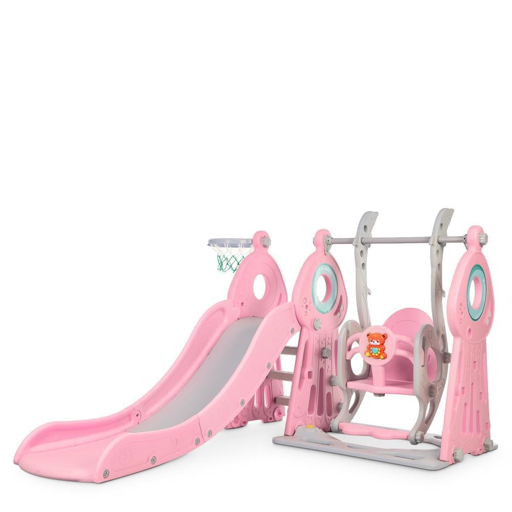 Детский игровой комплекс пластиковый Bambi WM19011-8 2в1 горка с качелями и кольцом 152х184х123 см Розовый (150-7-WM19011-8)