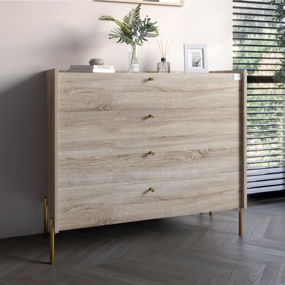 Комод с 4 ящиками Lion Wood с золотыми ножками 100х90х45 см Дуб Сонома (000-000-1938) Комод с 4 ящиками Lion Wood с золотыми ножками 100х90х45 см Дуб Сонома (000-000-1938)