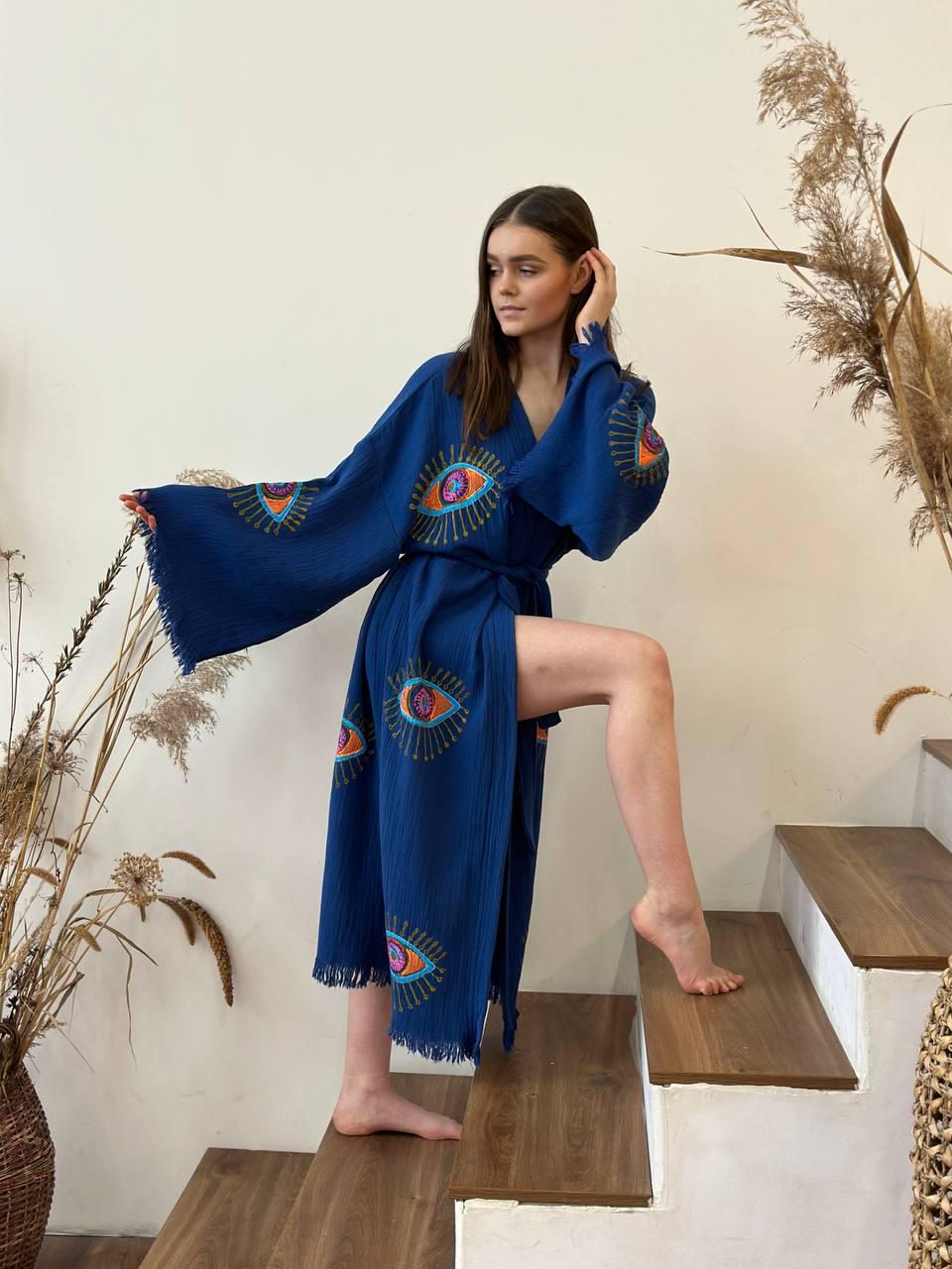 Халат-кимоно женский one size Синий - фото 3 Халат-кимоно женский one size Синий - фото 3