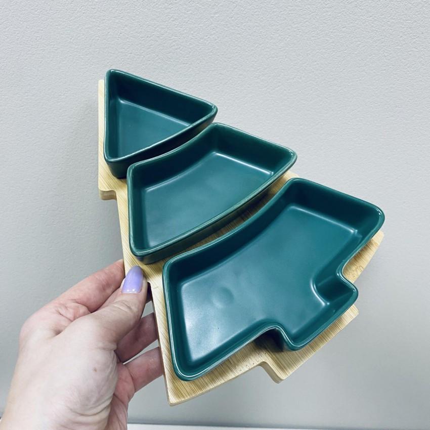 Менажниця керамічна Olens 8030-355 Зелена ялинка на бамбуковій підставці 3-х секційна (2387257923) - фото 3 Менажниця керамічна Olens 8030-355 Зелена ялинка на бамбуковій підставці 3-х секційна (2387257923) - фото 3