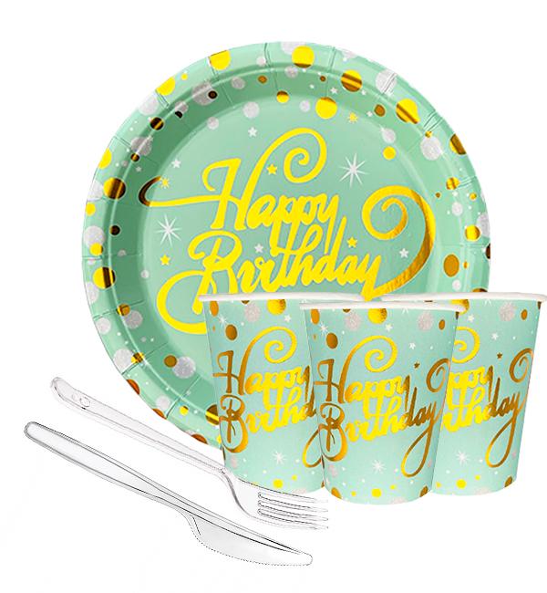 Набір одноразового посуду "Happy Birthday" на 10 персон М'ятний (10886710)
