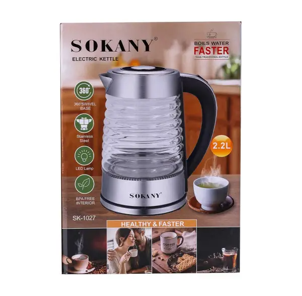 Електрочайник скляний Sokany SK-1027 безшумний з підсвічуванням 2,2 л - фото 9