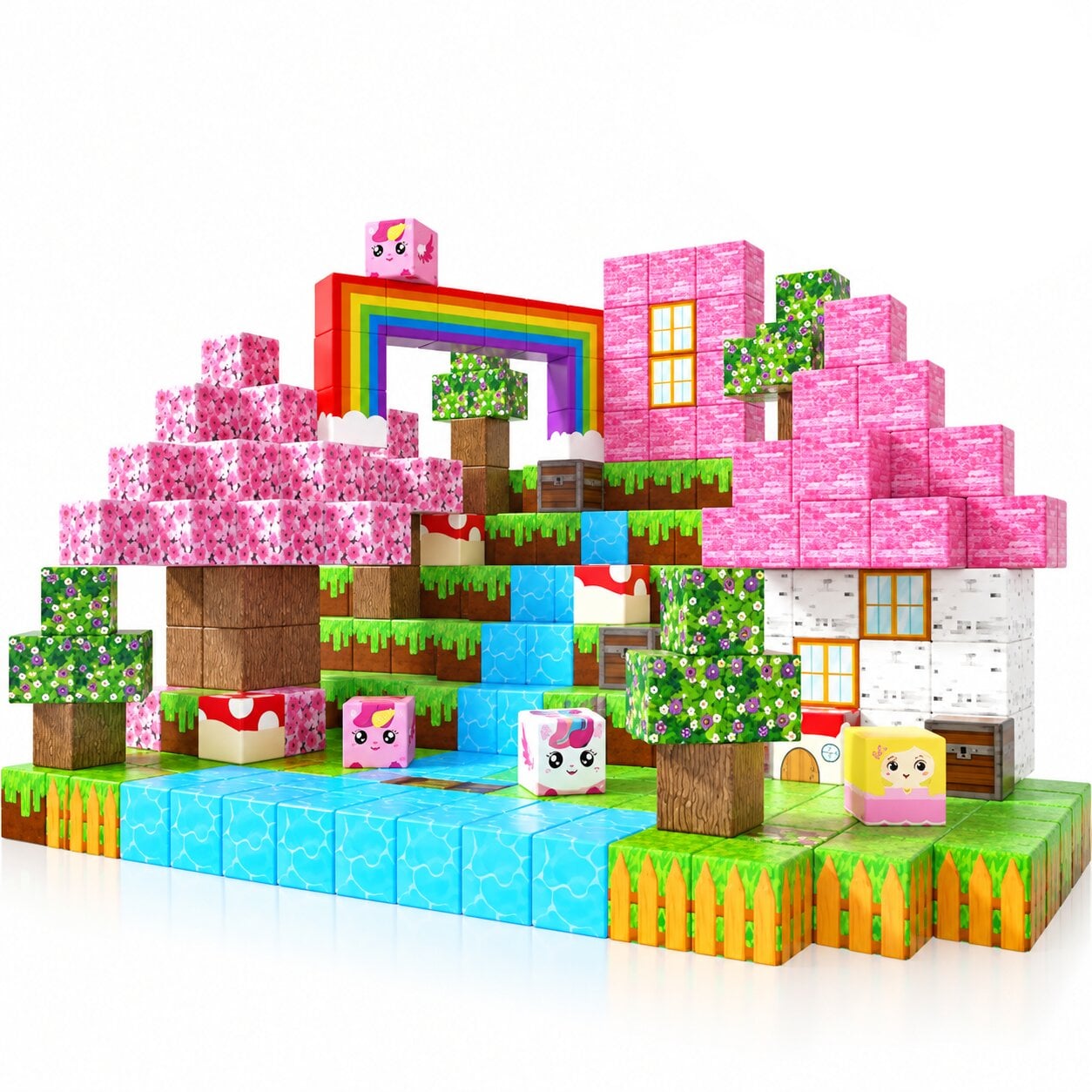 Конструктор магнитный Minecraft домик с сакурой 100 дет. для детей от 3 лет Розовый