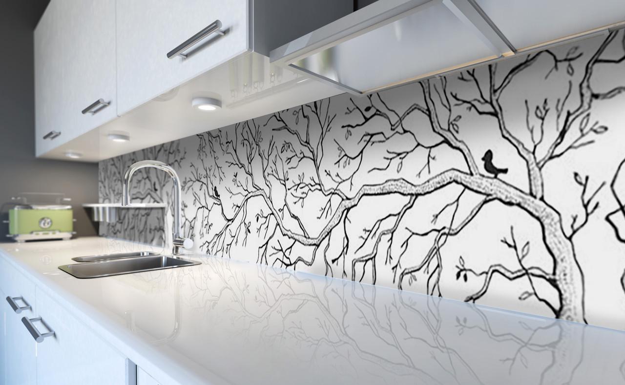Кухонный фартук Зимние ветви дерево из самоклеящейся виниловой пленки 65х250 см Серый