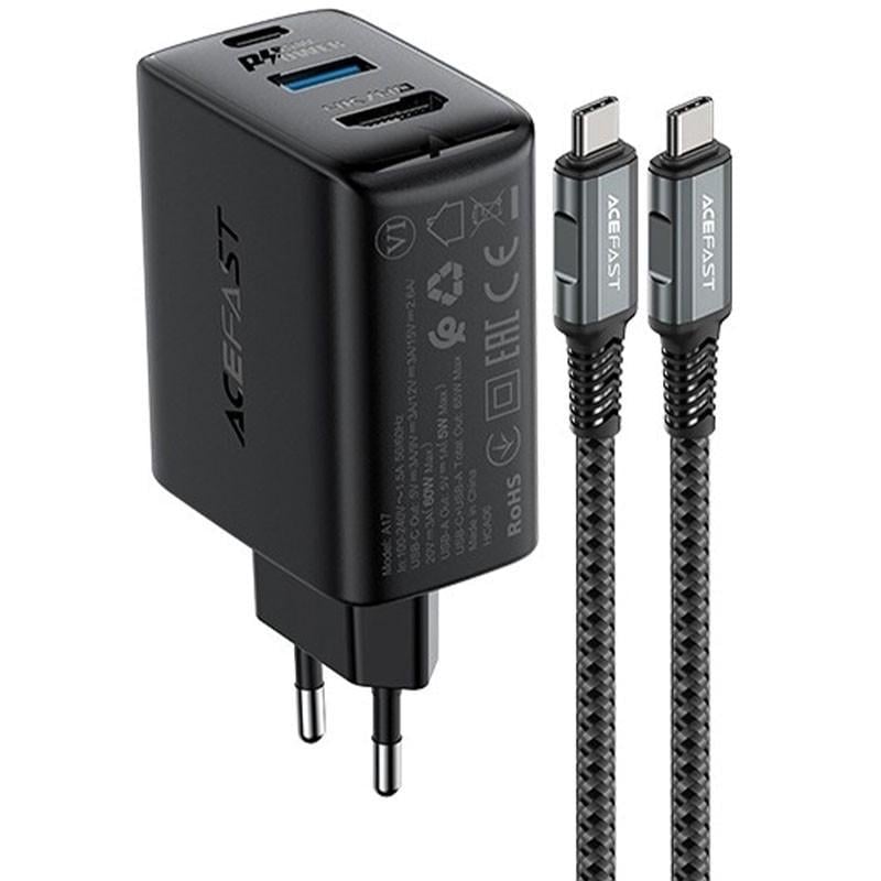Зарядний пристрій мережевий Acefast A17 PD65W GaN 1USB-A/1C/1HDMI з кабелем Type-C to Type-C Black (00000065897_1)