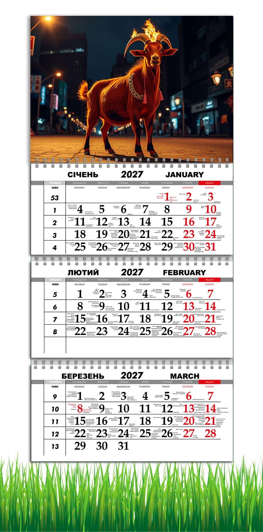 Календарь настенный квартальный на 2027 год APRIORI символ года Коза 30х61 см (36666862)