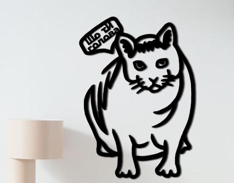 Панно деревянное Decart Заинтересованный котик настенный декор в стиле минимализм на кухню гостиную и спальню 50х36 см