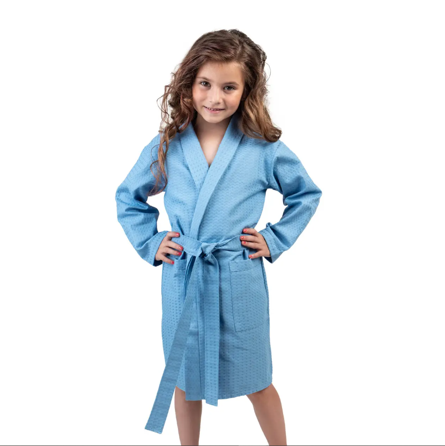 Детский вафельный халат Luxyart р. 34-36 8-14 лет 100% хлопок Синий (LS-192)