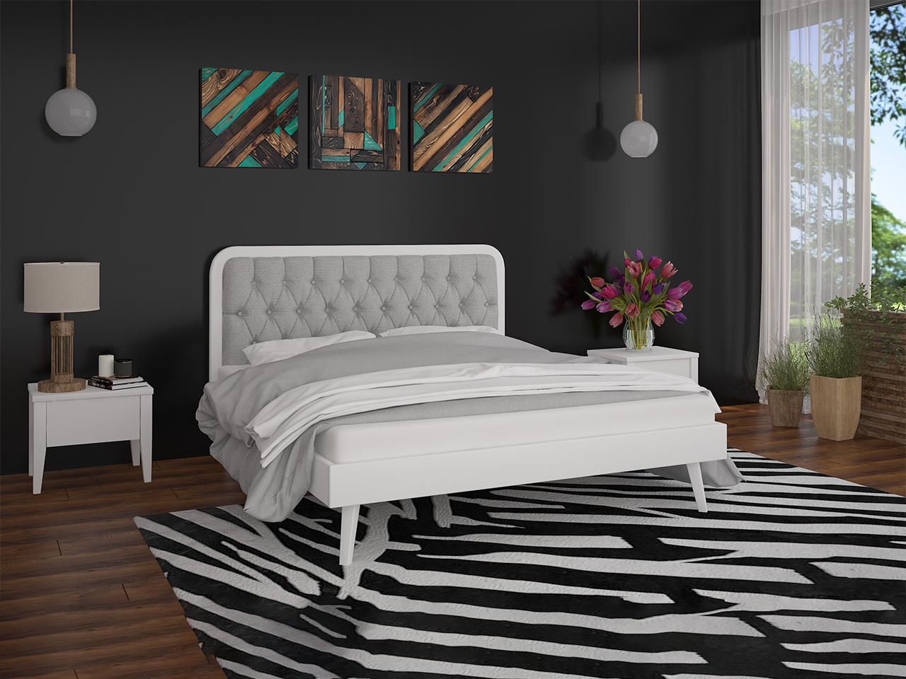 Кровать двуспальная MebiGrand Токио с мягким изголовьем/с ламелями/без матраса натуральное дерево/ткань Аляска 08 160x200 см Белый/Серый (51887)