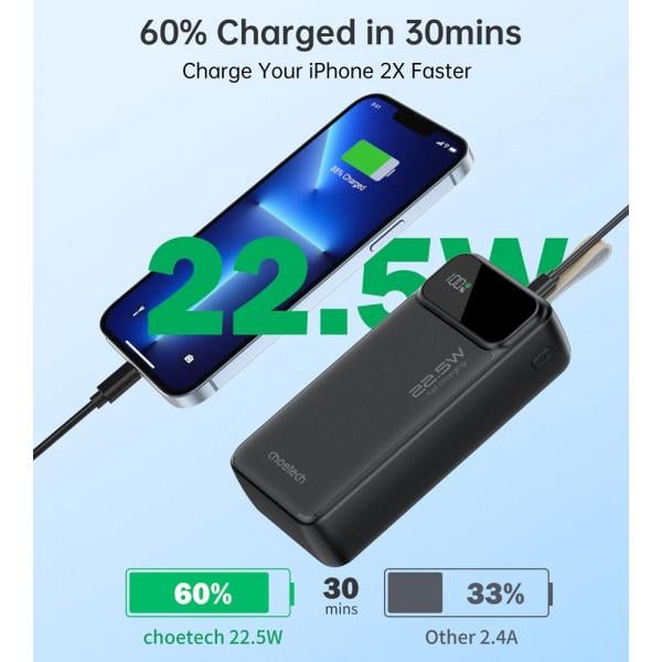 Повербанк Choetech B730-ACBK ємність 30000 mAh PD QC3.0 Type-C Li-pol Чорний (28443008) - фото 4