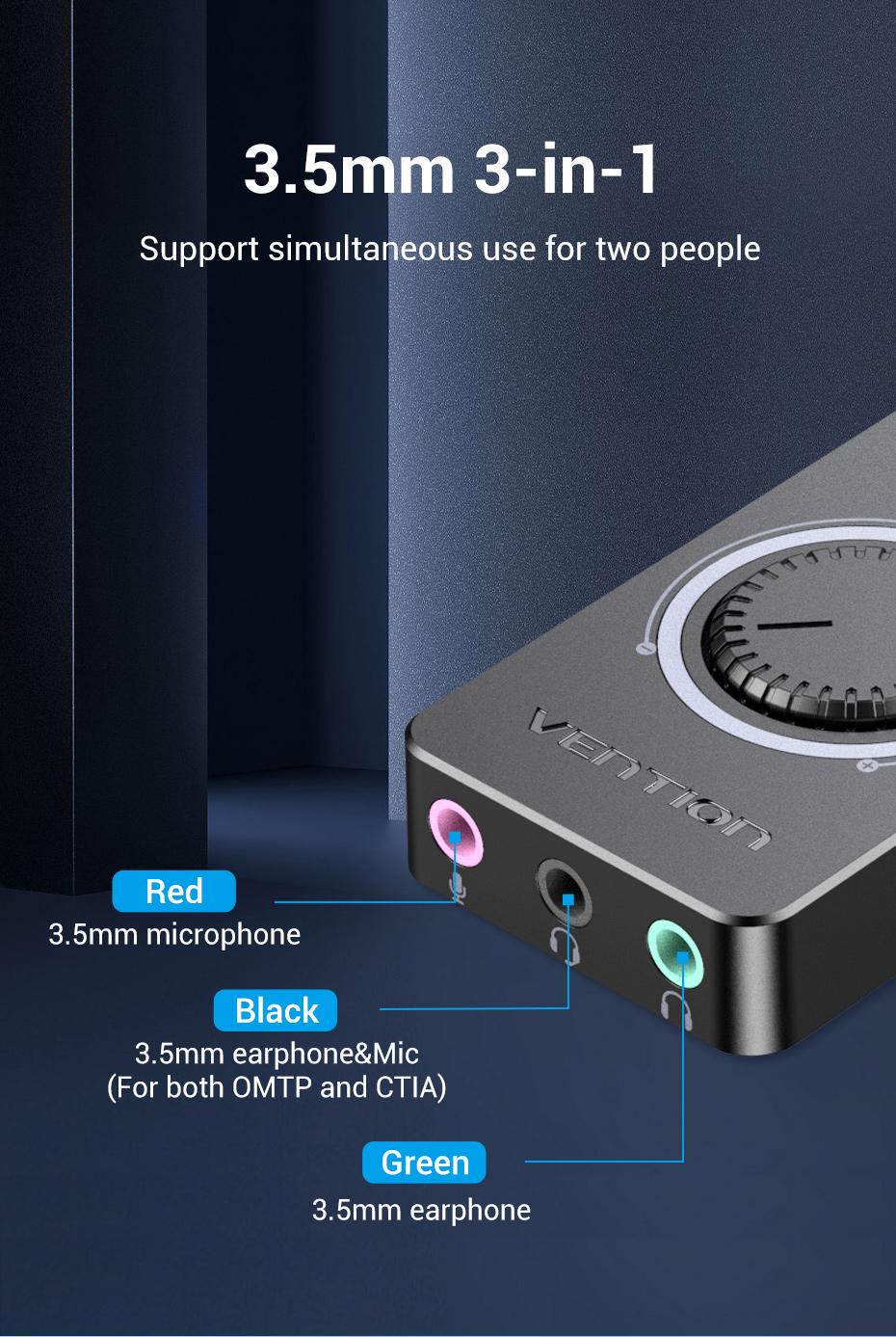 Звукова карта з підтримкою мікрофону Vention USB-3x 3,5 мм minijack 16 біт/48 кГц TRS AUX з керуванням гучності 0,5 м Чорний (CDRBD) - фото 3