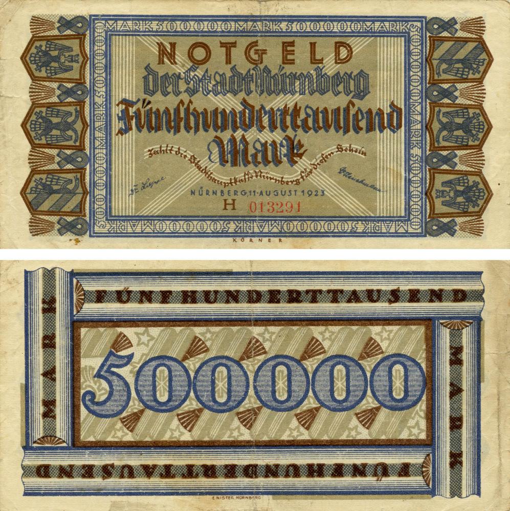 Коллекционная банкнота Германия Нотгельд 500 000 марок 1923 F-VF Нюрнберг Разновиность 4 (Б18888)