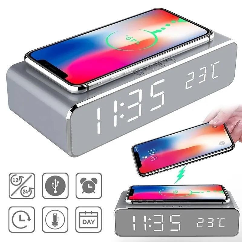 Зарядка бездротова з LED годинником Fast wireless charger/clock 10 W Сірий - фото 4