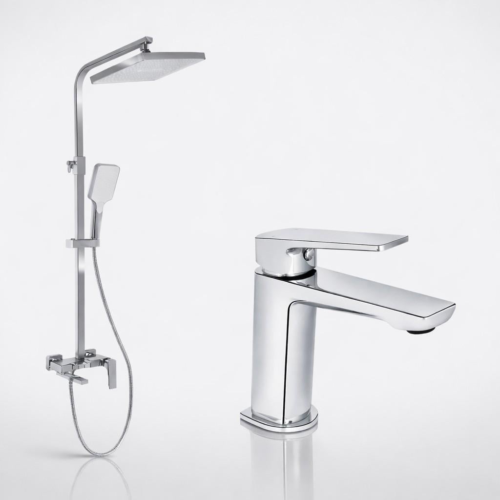 Комплект Qtap Crow 2в1 для ванной душевая система с изливом/смесителем для раковины латунь Chrome