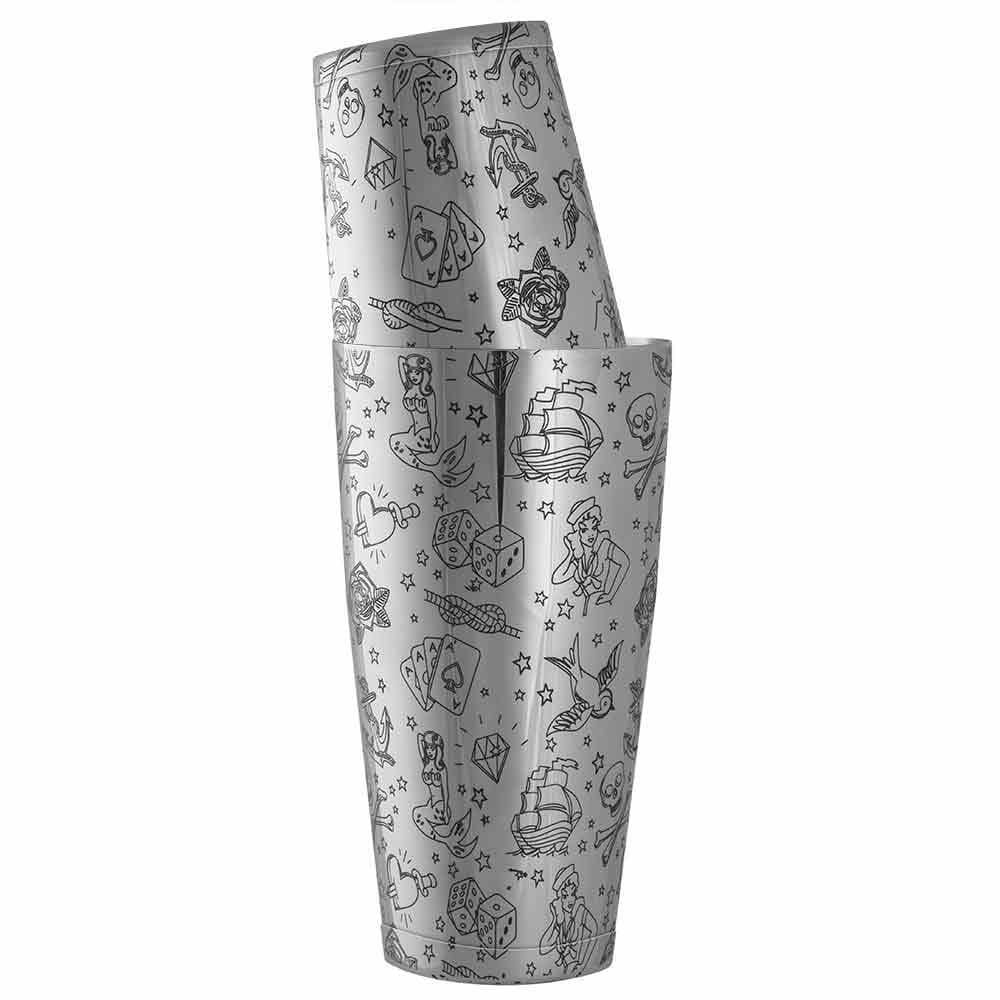 Барний шейкер з обтяжувачем Urban Bar Бостон Tattoo 550/750 мл Срібний (UB5292)