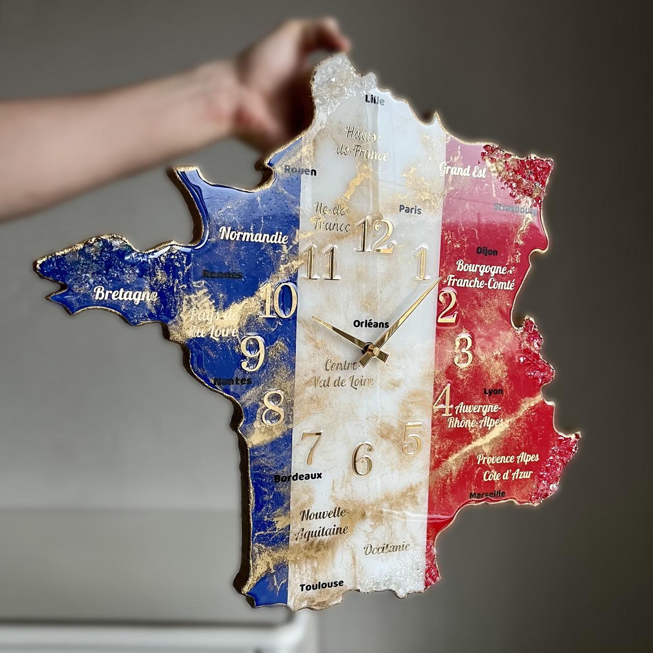 Часы настенные из эпоксидной смолы Карта Франции 70х69 см