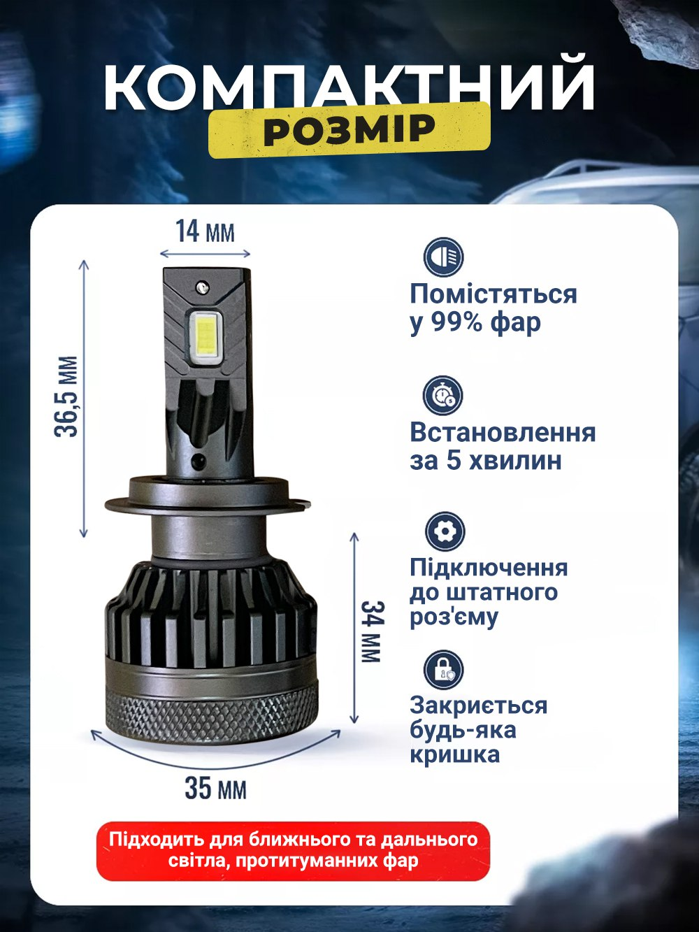 Лампы LED автомобильные в фару Andowl ближний и дальний свет противотуманные Q-D9 H7 2 шт. Черный (afa4d99d) - фото 6