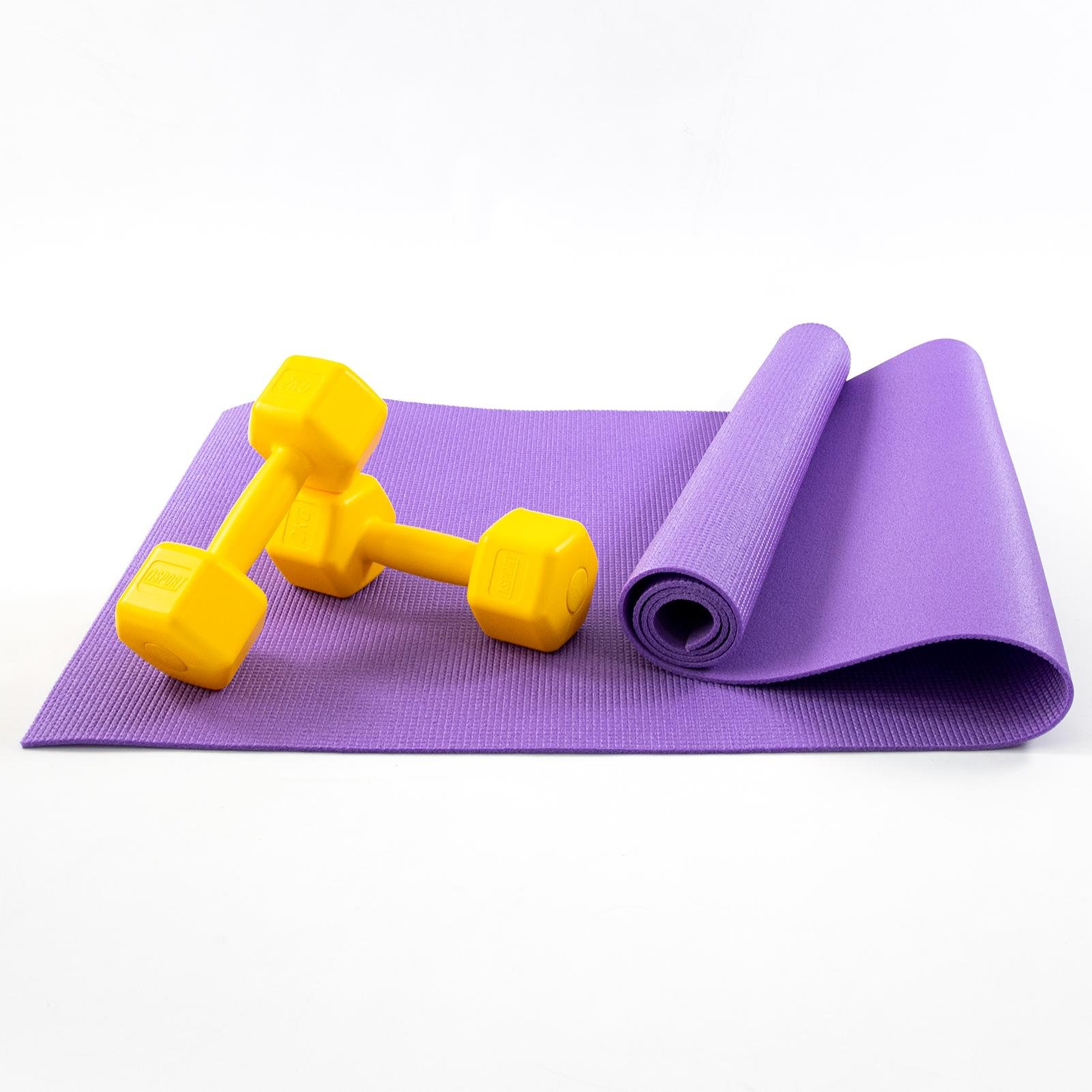 Килимок для йоги та фітнесу та гантелі для фітнесу 2 шт. по 2кг Osport Set 82 Фіолетово-жовтий (n-0112) - фото 1