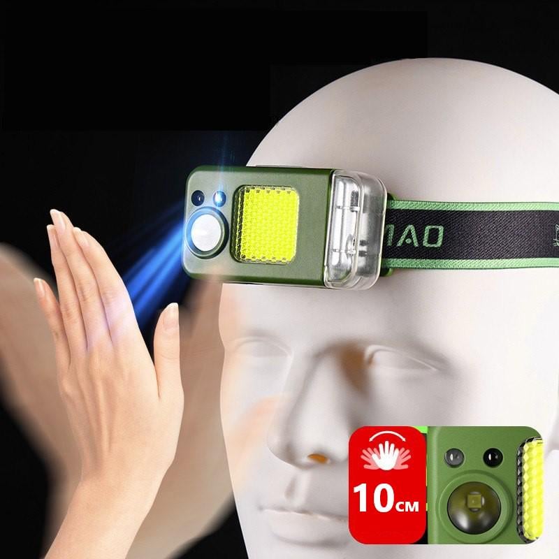 Фонарь налобный многофункциональный YM-T618-LED+COB Li-Ion/USB-C/Motion sensor/магнит/клипса/зажигалка Green - фото 7 Фонарь налобный многофункциональный YM-T618-LED+COB Li-Ion/USB-C/Motion sensor/магнит/клипса/зажигалка Green - фото 7